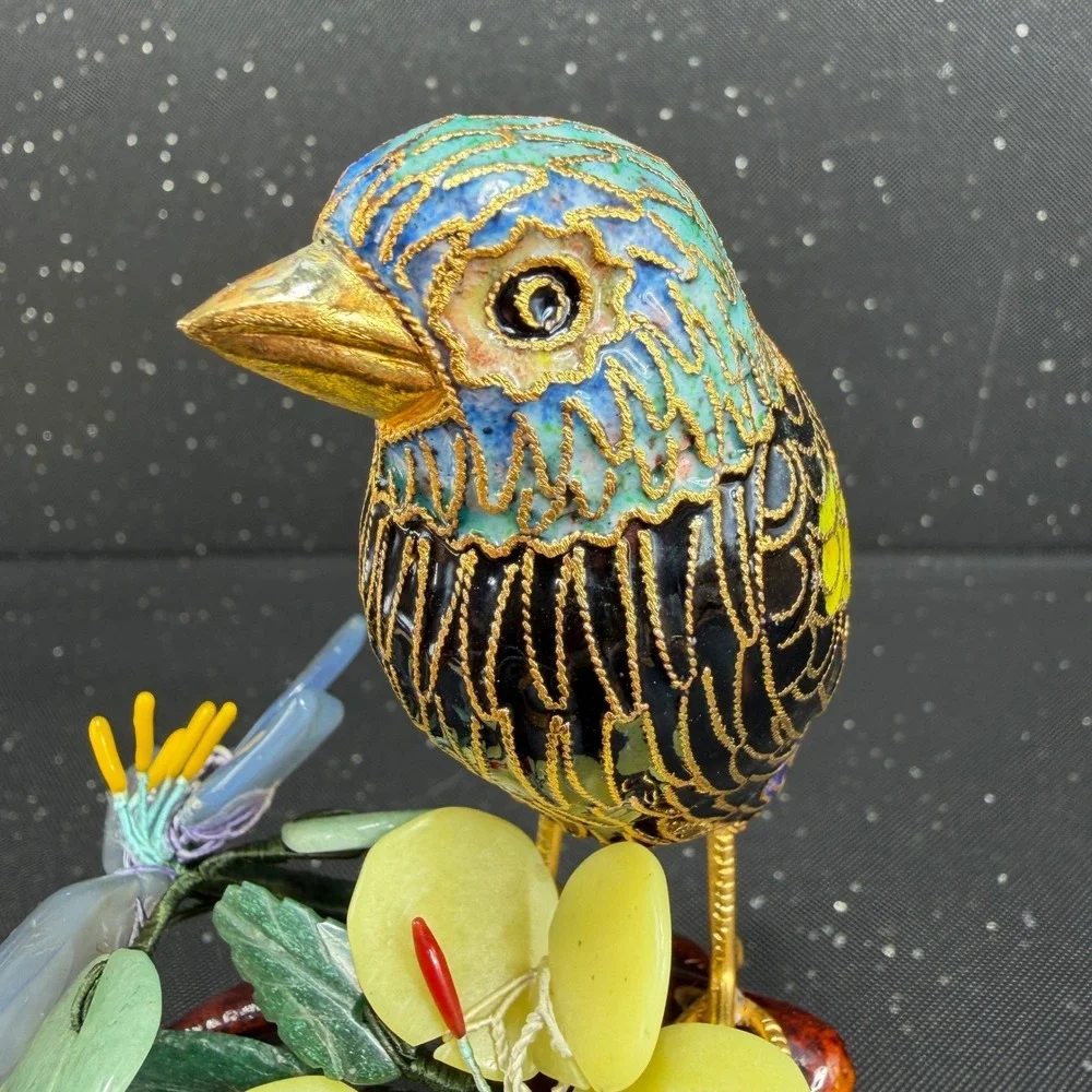 Cloisonne Enamel Bird Figurine Carved Wood Base Quartz Jade Stone Flowers 6in